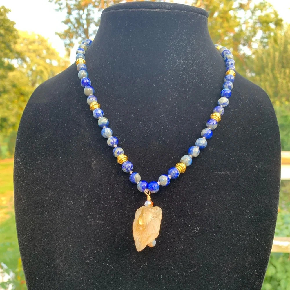 Lapis & Citrine Gemstone Necklace | Hand-Knotted on Grey Silk